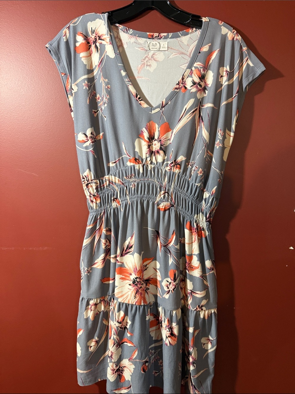 Floral V-Neck Smocked Waist Mini Dress - Slate Blue with Coral Blooms